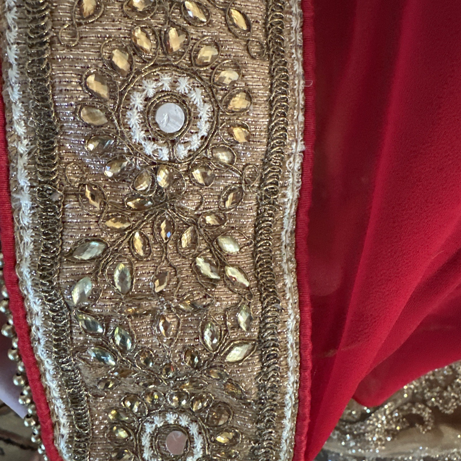 Beautiful Handmade Stamped Rekha Red & Gold Saree With Intricate Embroidery