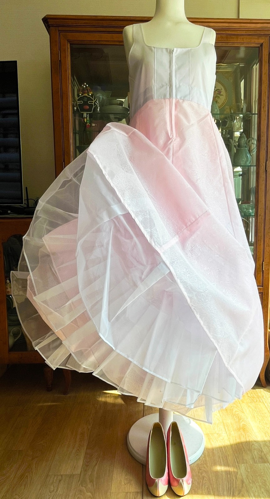 Korean Traditional Dress Dangui Hanbok Set-Green & Peach/Petticoat 2 Norigae Bag