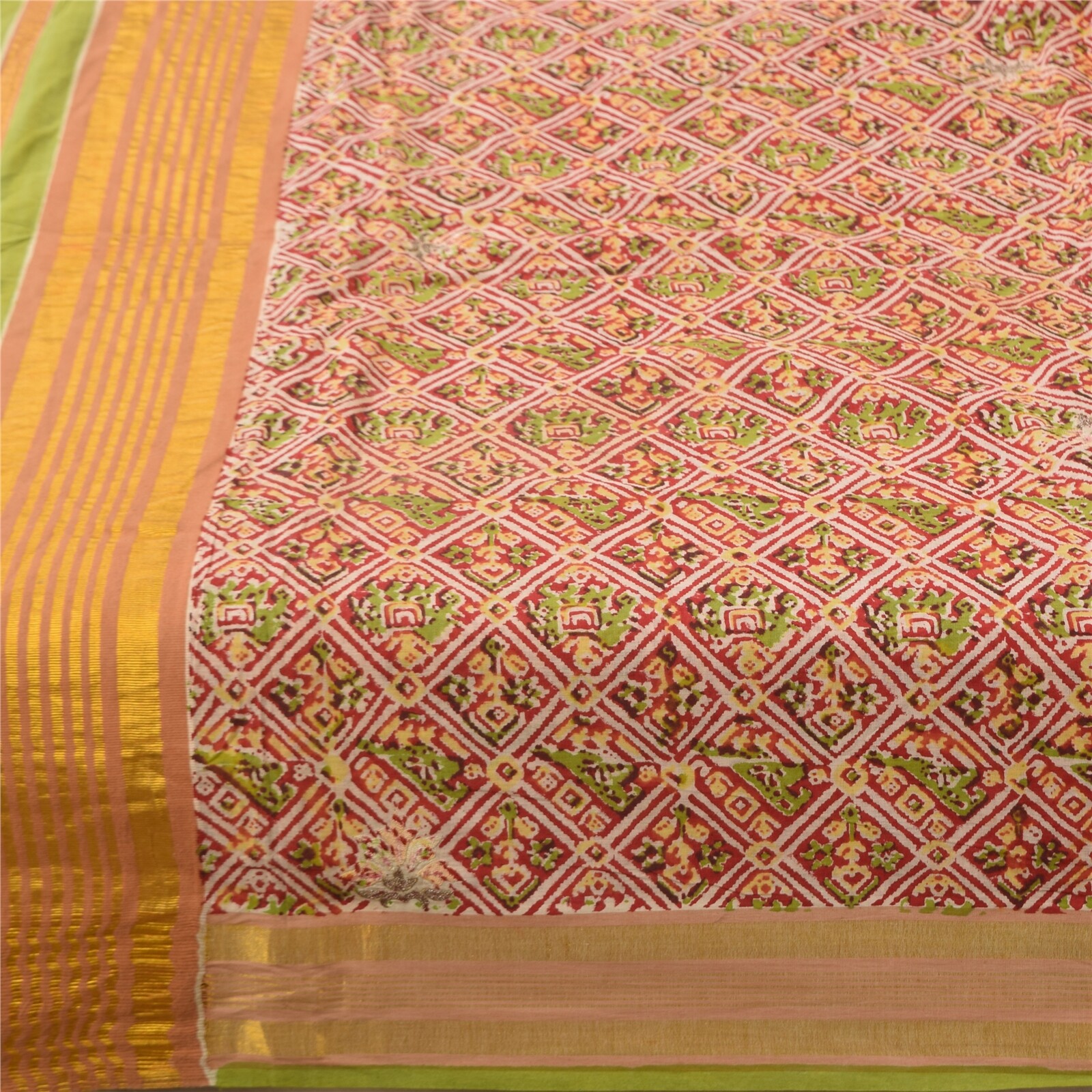 Sanskriti Vintage Sarees Red Hand Block Printed Pure Cotton Sari 5+Yd Fabric