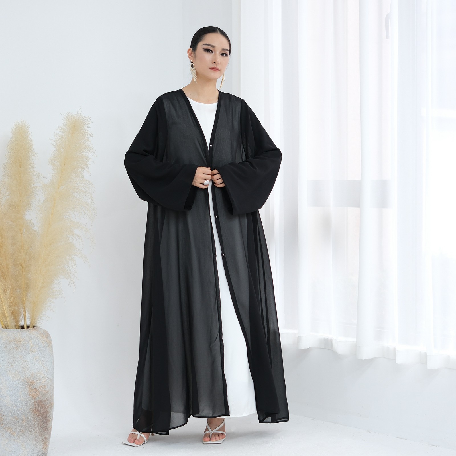 Dubai Women Open Abaya With Hijab Elegant Loose Cardigan Solid Color Inner Dress