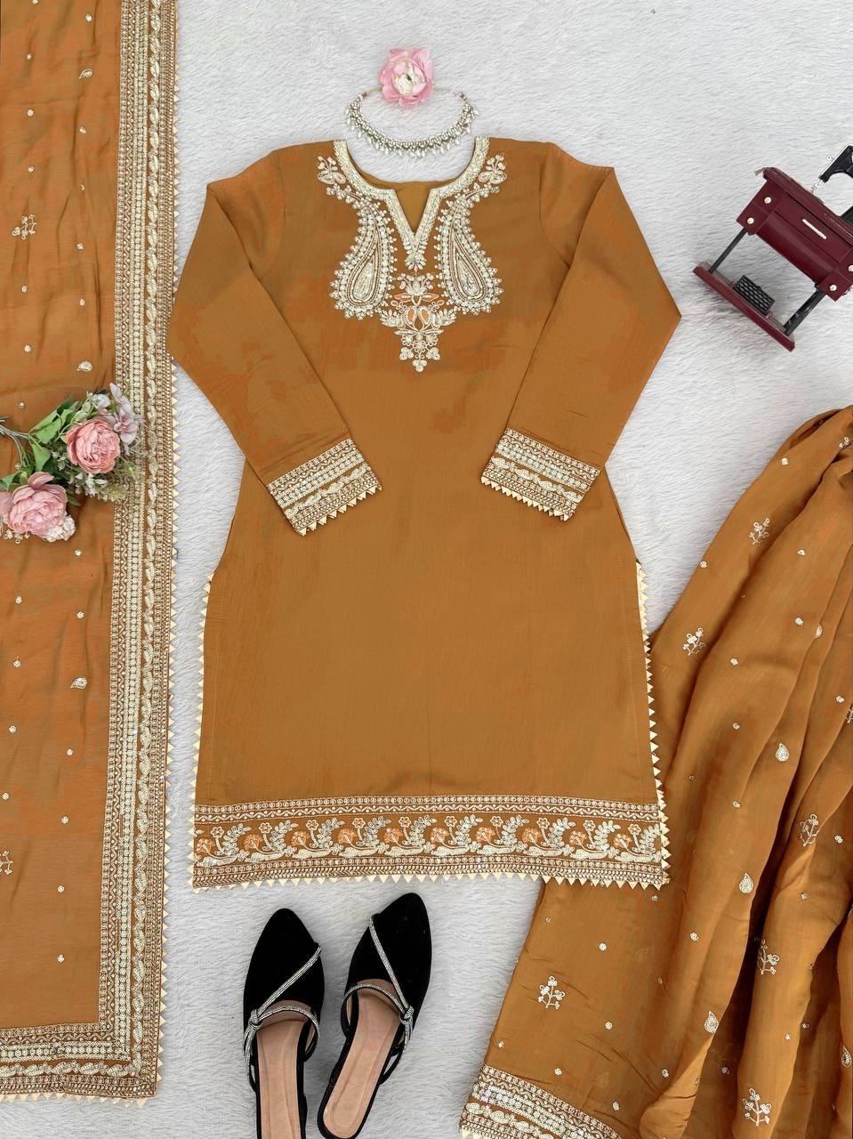 New Launch Mul Chanderi Mustard Yellow Kurta Palazzo With Dupatta For Functional