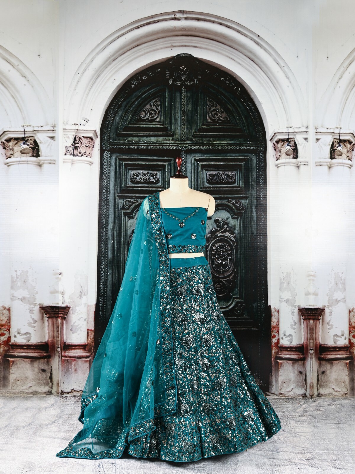 Bollywood blue green designer net lehenga choli with heavy sitara work-Aadya