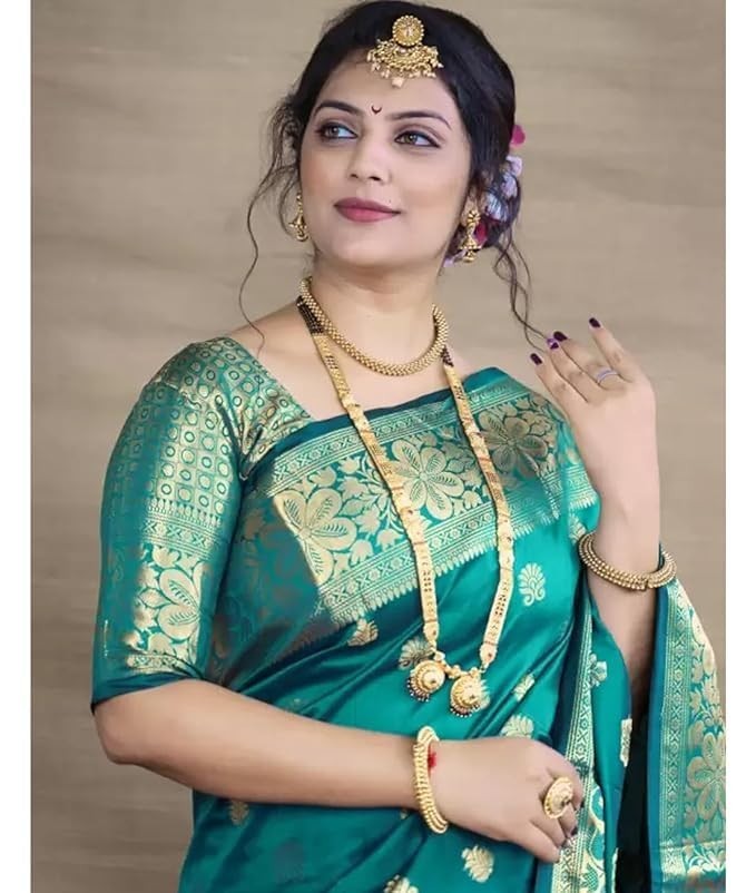 Rama Color Women’s Pure Soft Silk Saree With Blouse Piece For Wedding AN6