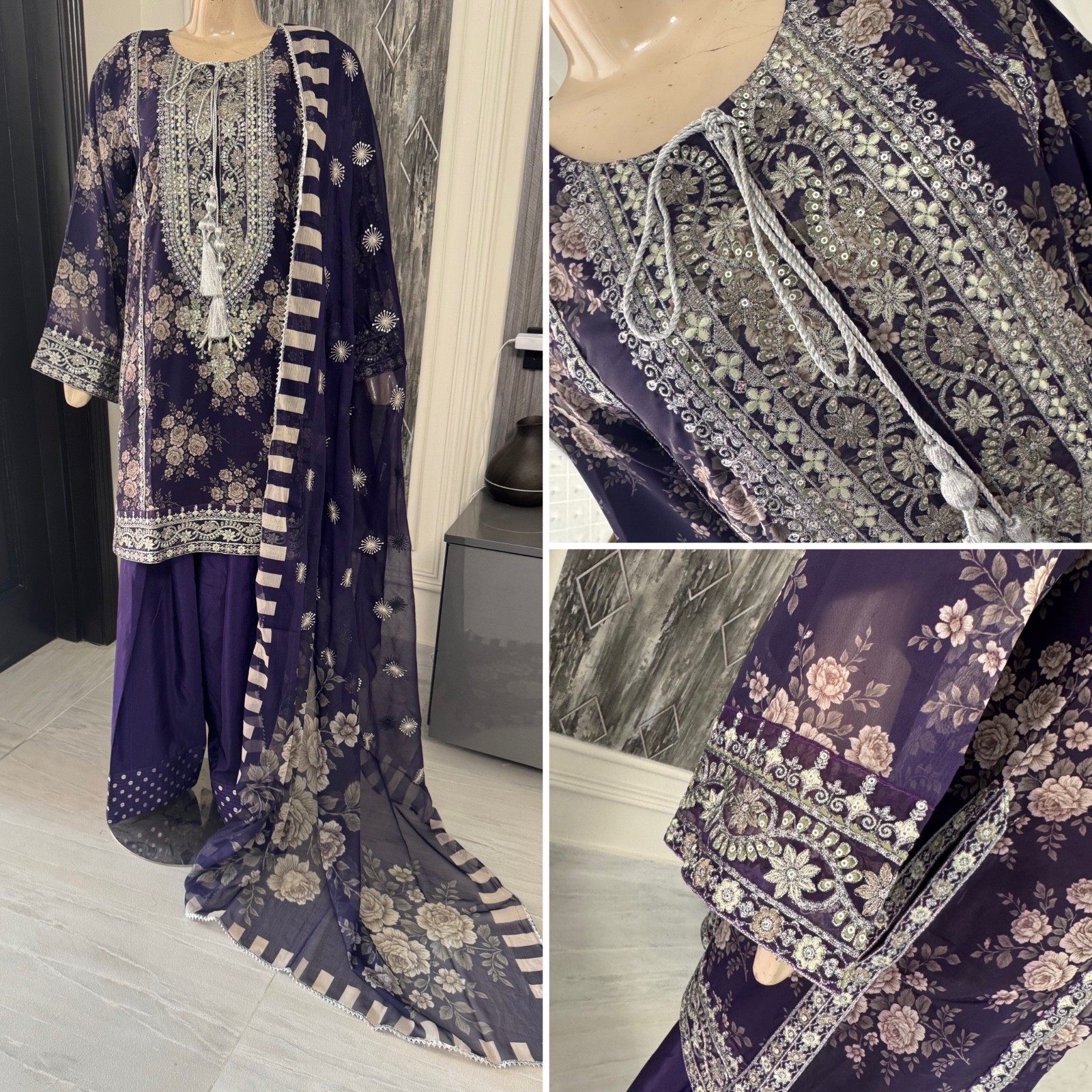 Pakistani Dark Purple Georgette Straight Shirt 3-PCS dress ,S