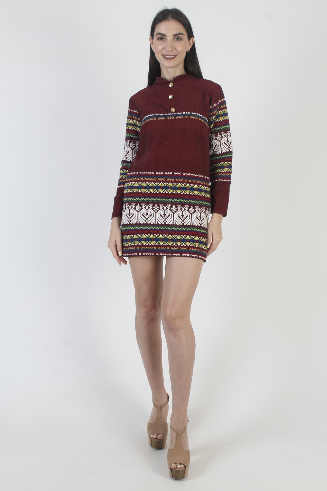 Burgundy Cotton Guatemalan Dress Embroidered Ethnic Mexican Aztec Bird Mexican