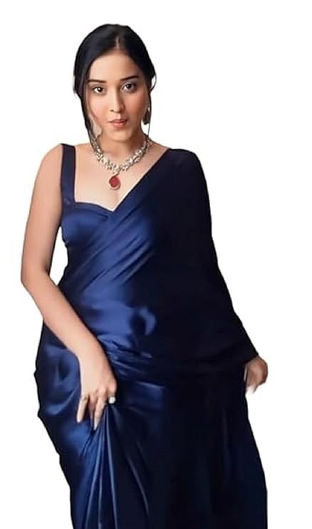Women Navy Blue Satin Silk One Minute Readymade Stitched With Unstitched Blouse