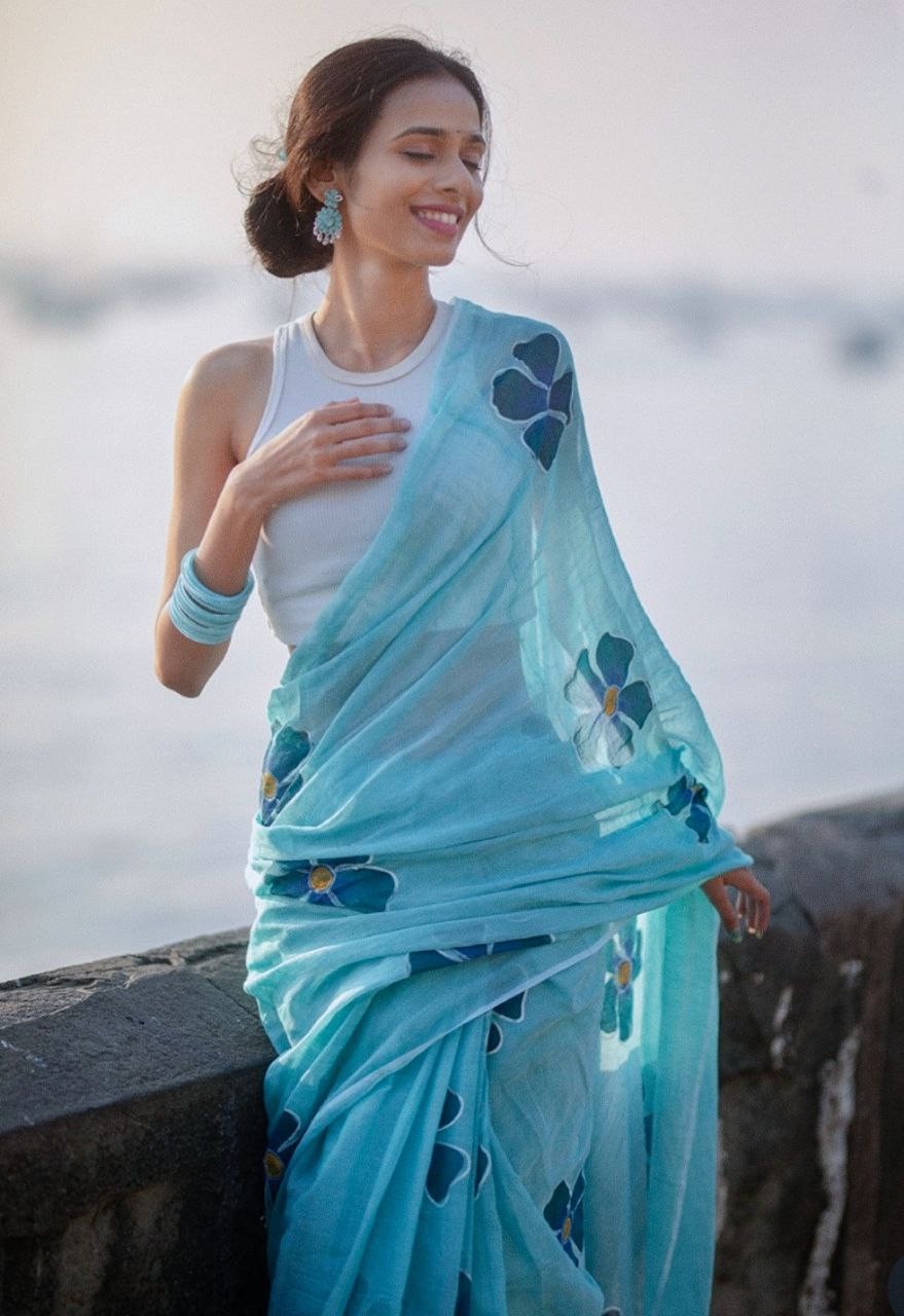 NEW Soft Linen Digital Print Saree 6.30 Meter + Bangaloiry Satin Blouse Contrast