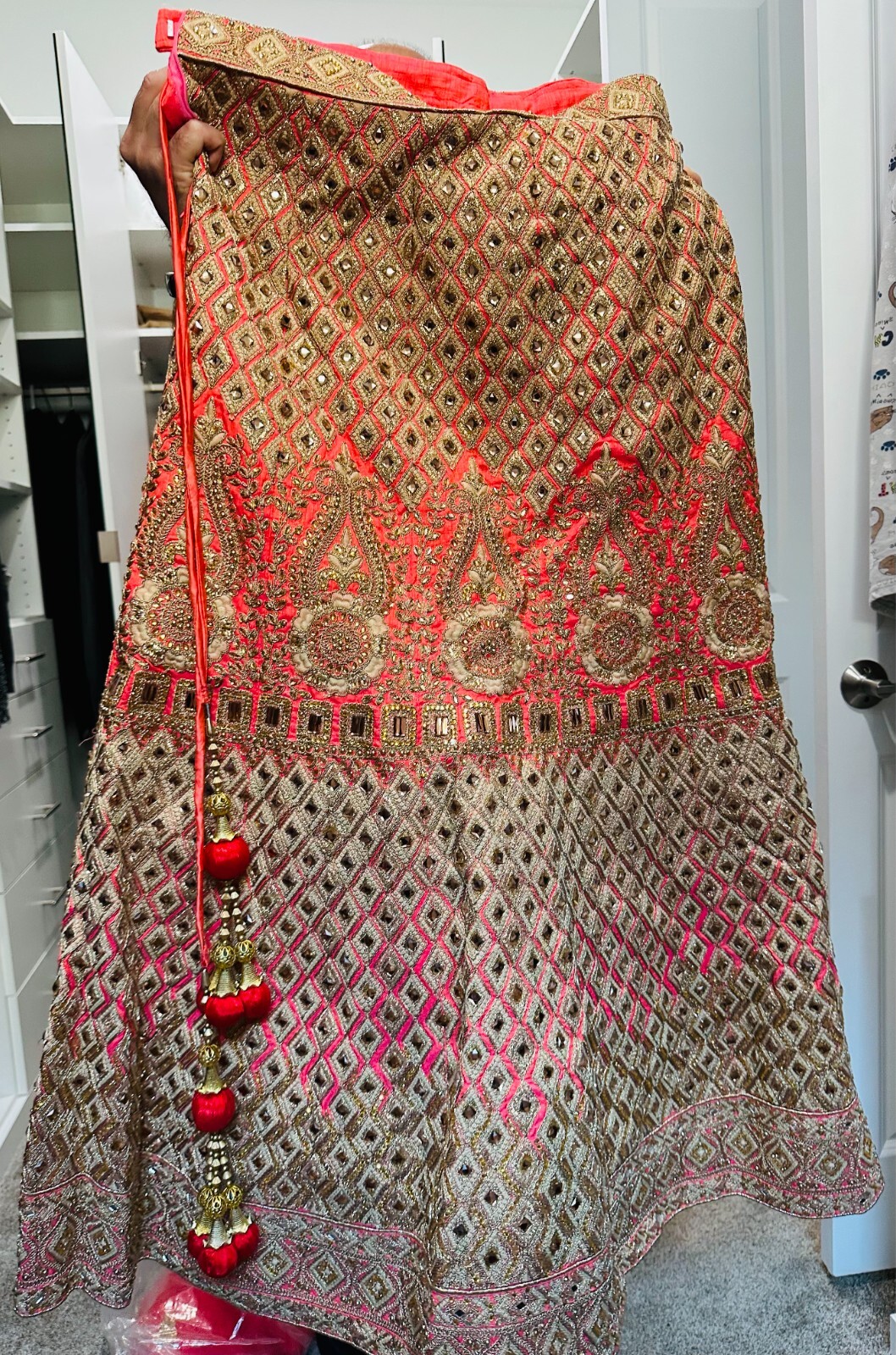 Coral Red color Lengha, Heavy Embroidery- Worn only once