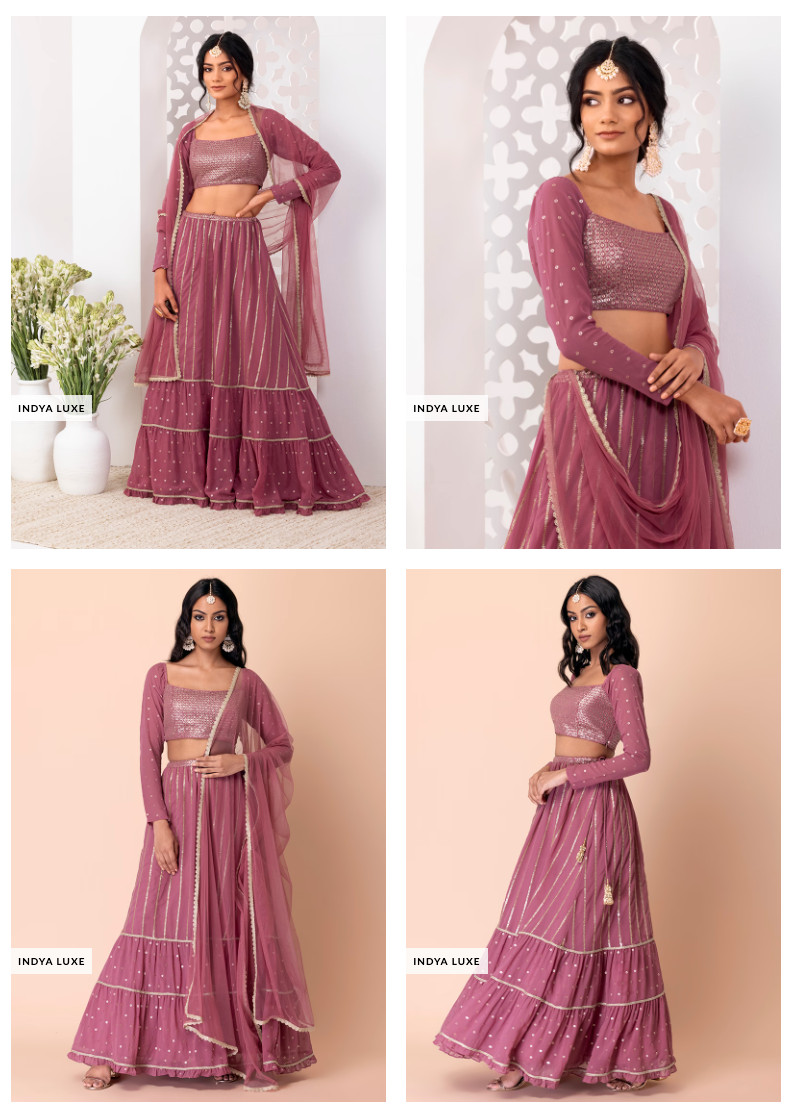 INDYA LUXE Pink Sequin Tiered Lehenga Set With Off Shoulder Blouse – Small