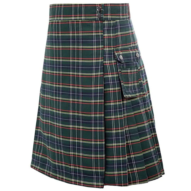 Utility Kilt Short Pants Men Tartan Pleated Strip Skirt Celtic Scottish Medieval