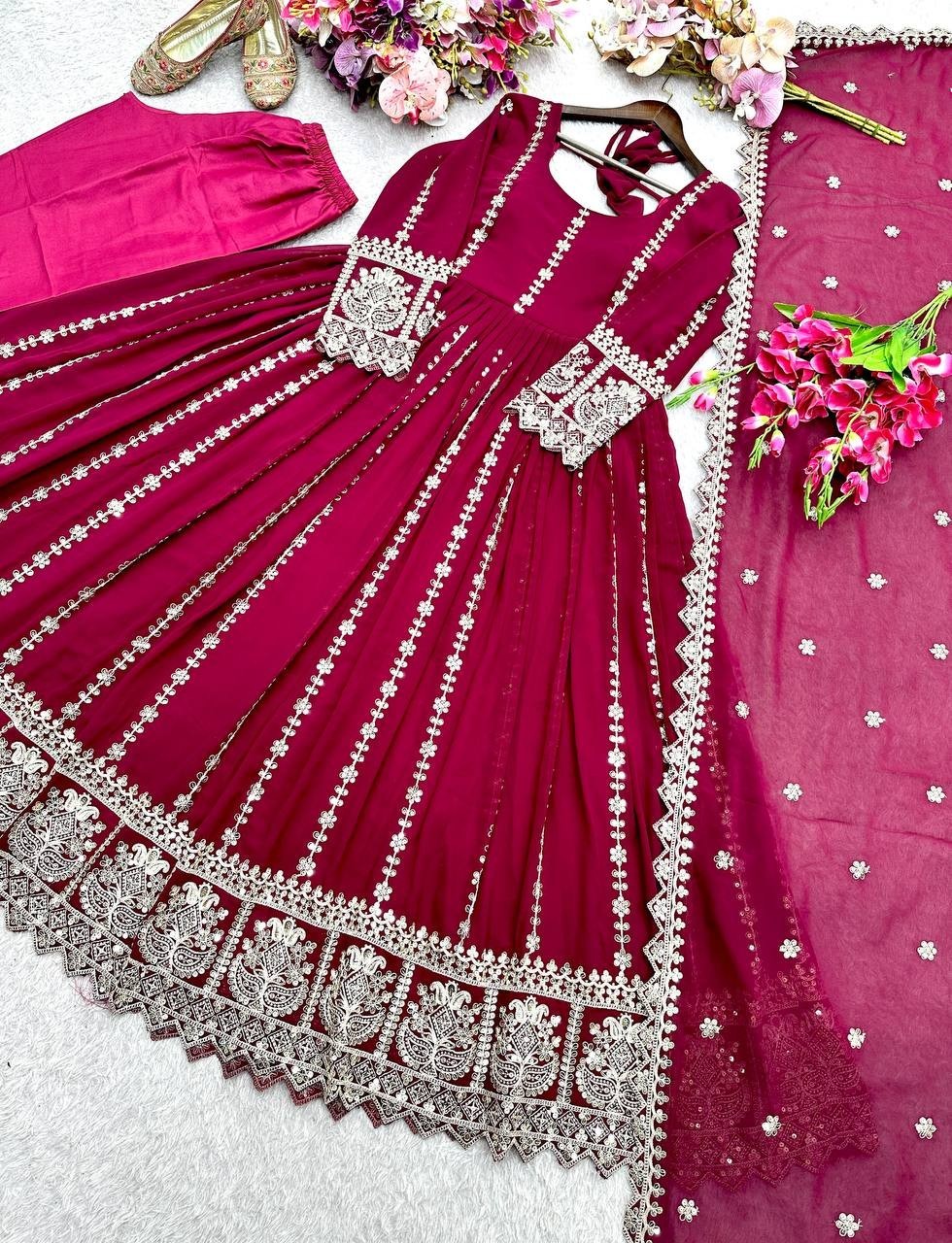 Traditional Wear Maroon Pure Georgette Gown Bottom With Dupatta For Women