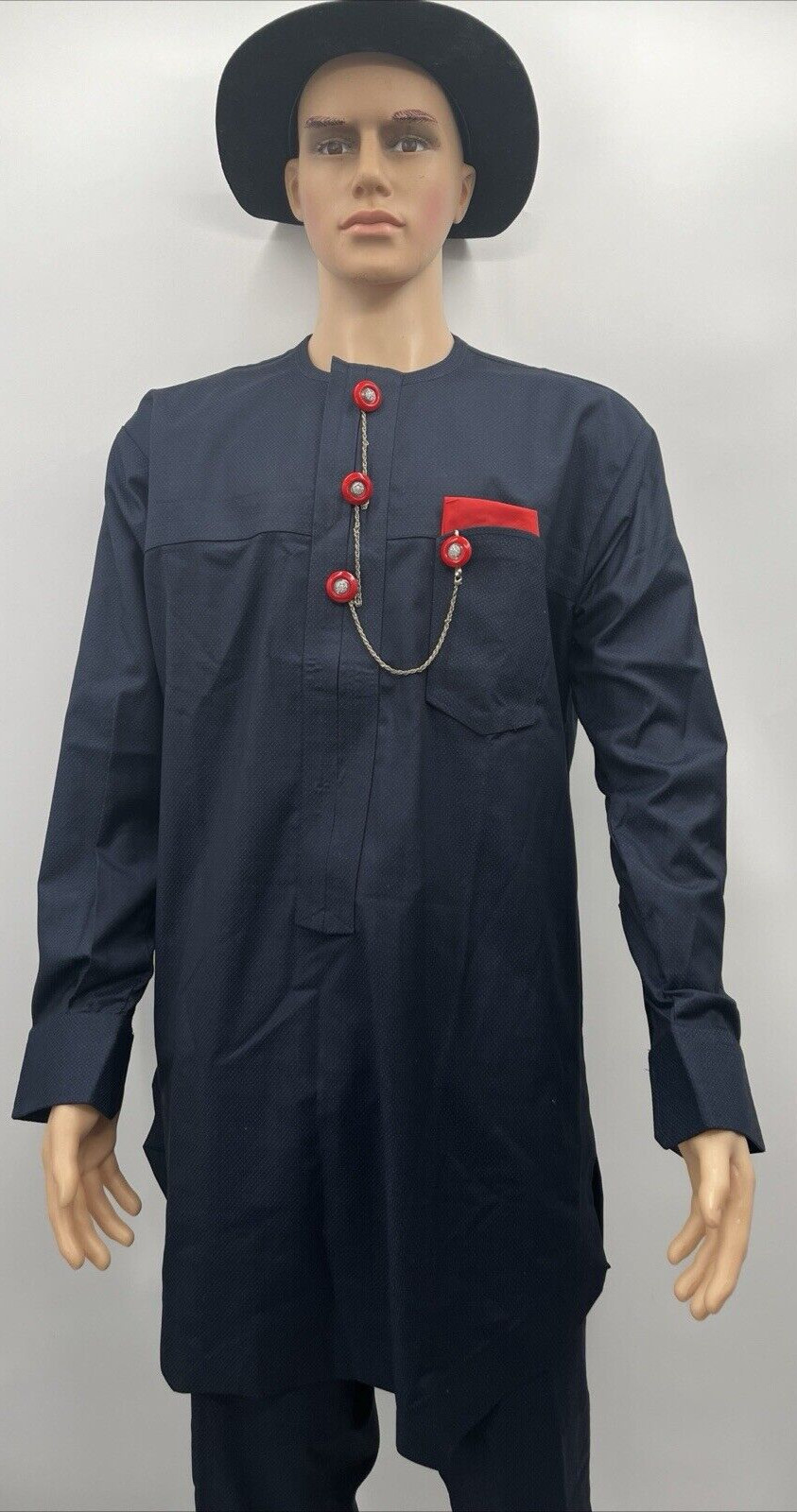 Men’s Navy Blue African Shirt Pants Traditional Suit Two Piece Set Size Large