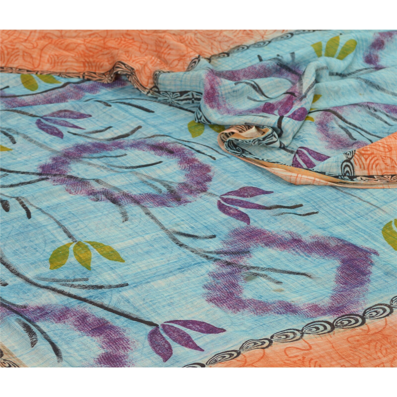 Sanskriti Vintage Peach/Blue Sarees Blend Georgette Printed Sari Craft Fabric