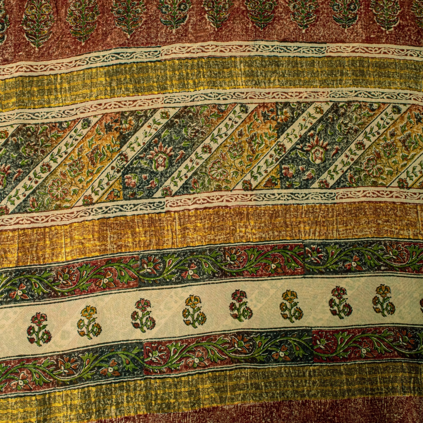 Sanskriti Vintage Yellow-Green Pure Georgette Silk Saree Floral Block Print 6 Yd