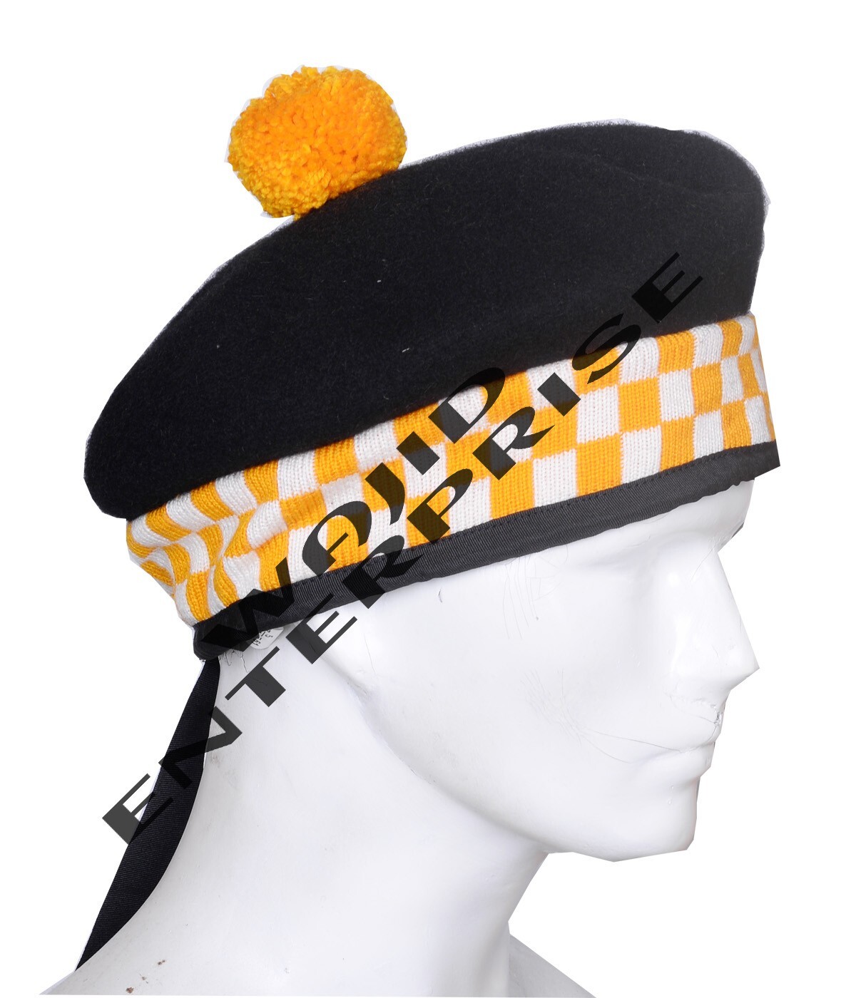 100% Wool Black Balmoral Cap Hat SCOTTISH Piper Bonnet Double Diced Kilt CapHat