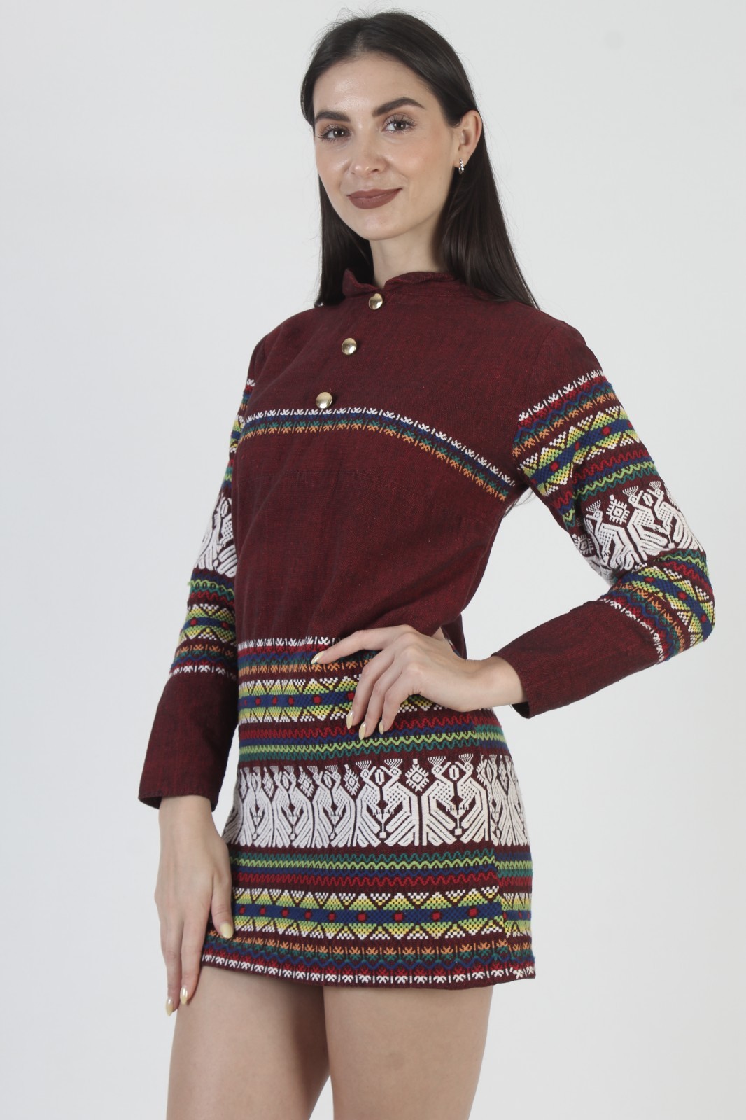 Burgundy Cotton Guatemalan Dress Embroidered Ethnic Mexican Aztec Bird Mexican
