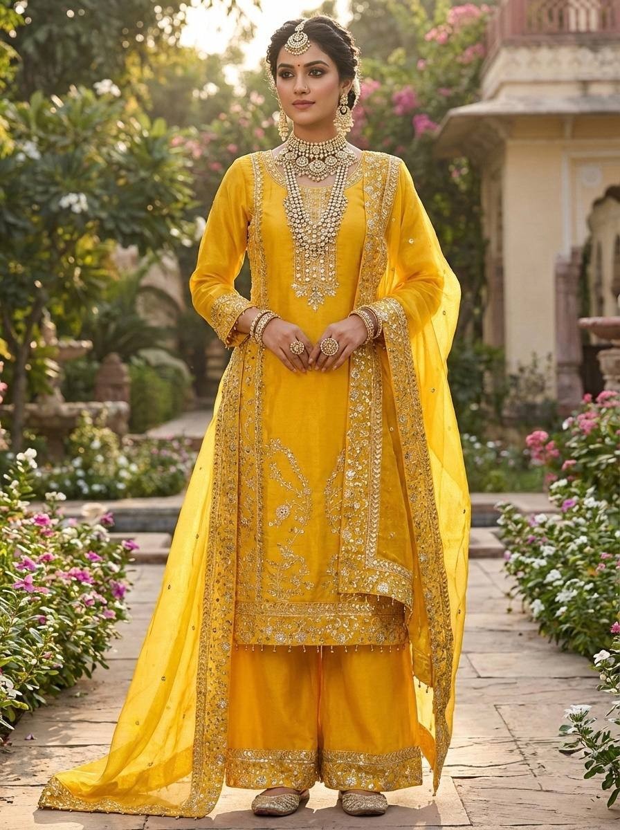 Latest New Pure Silk Yellow Top Palazzo With Dupatta For Wedding & Party Wear