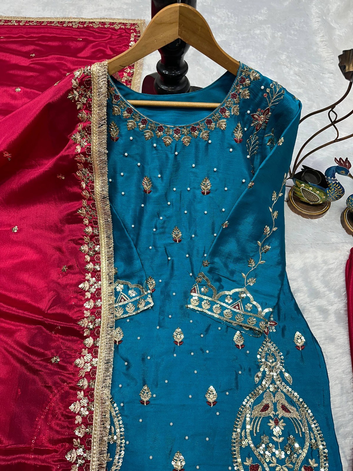 Designer Heavy Chinon Silk Blue Top Palazzo With Dupatta For Wedding Wear