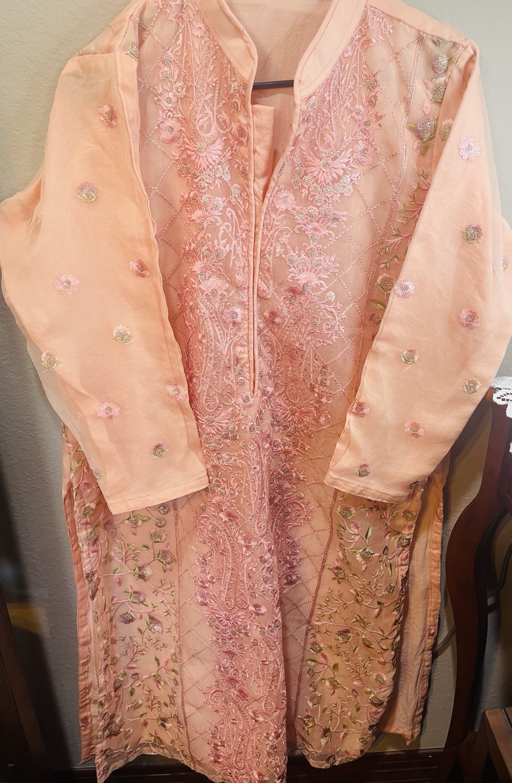 Embroidered Cotton Net Salwar Kameez Peach for Women Medium Size with Scarf
