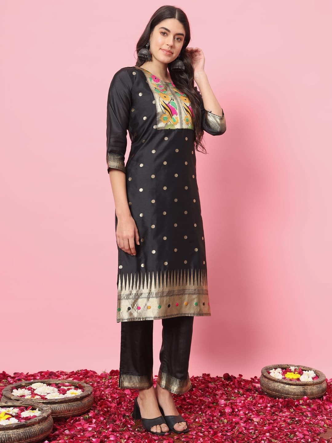 Women’s Cotton Silk Jacquard Straight Kurta with Pant & Banarasi Silk Dupatta