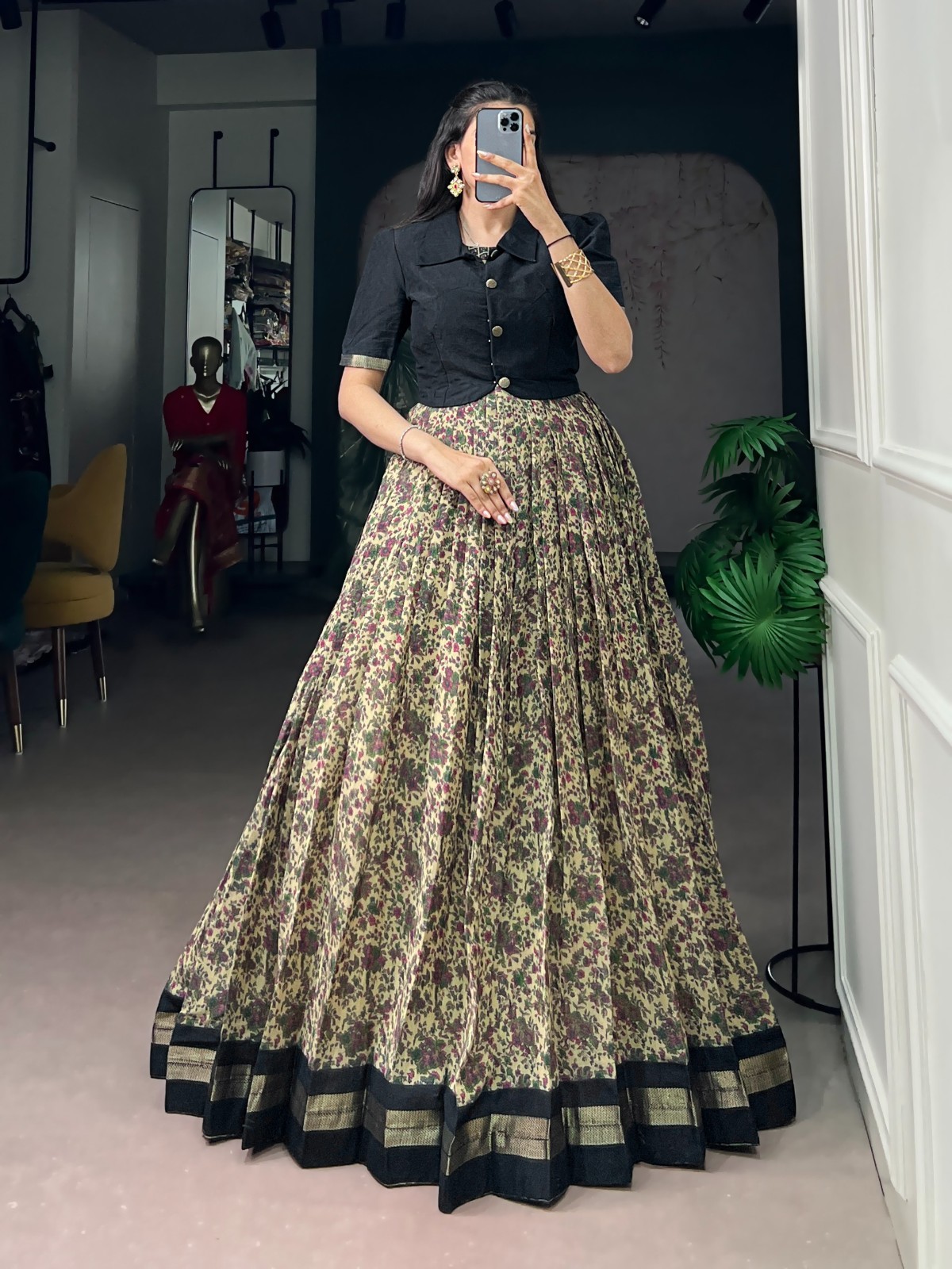 Women’s Chanderi Cotton Dress Koti Set Printed Zari Weaving Ethnic Party Wedding