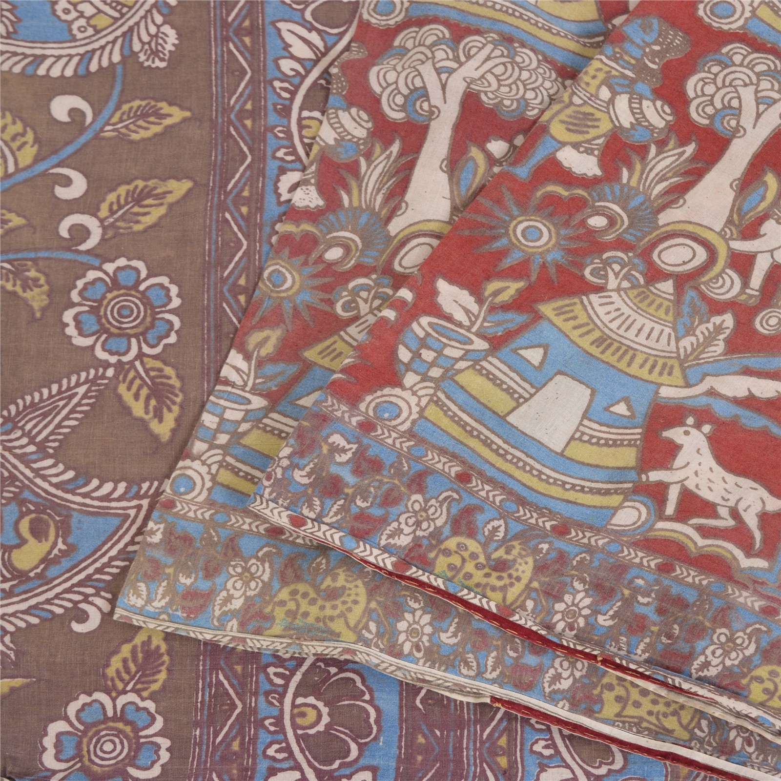 Sanskriti Vintage Gray/Red Pure Cotton Sarees Kalamkari Printed Sari 5+Yd Fabric