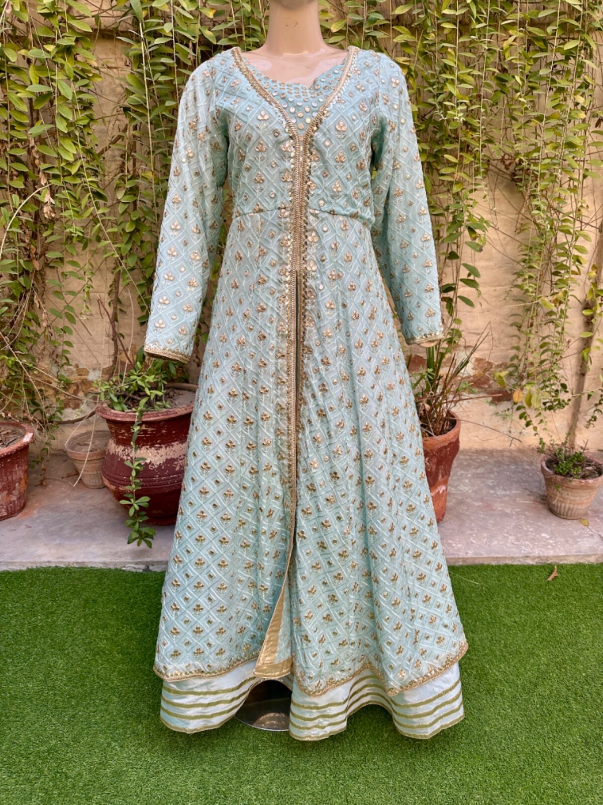 Pakistani Sky Blue double Long Maxi Style Embroidered Sequins Chiffon Dress,XL