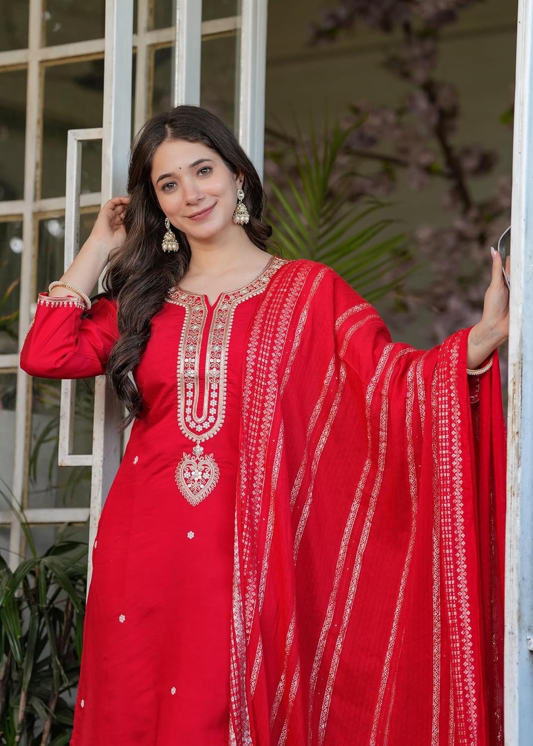 Women Embroidered Viscose Chanderi Fabric Straight Kurta, Pant and Dupatta Set