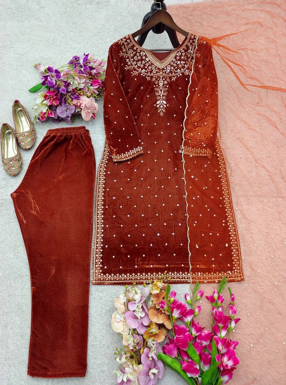 Premium Designer Maroon Viscose Velvet Salwar Kameez With Dupatta For Women