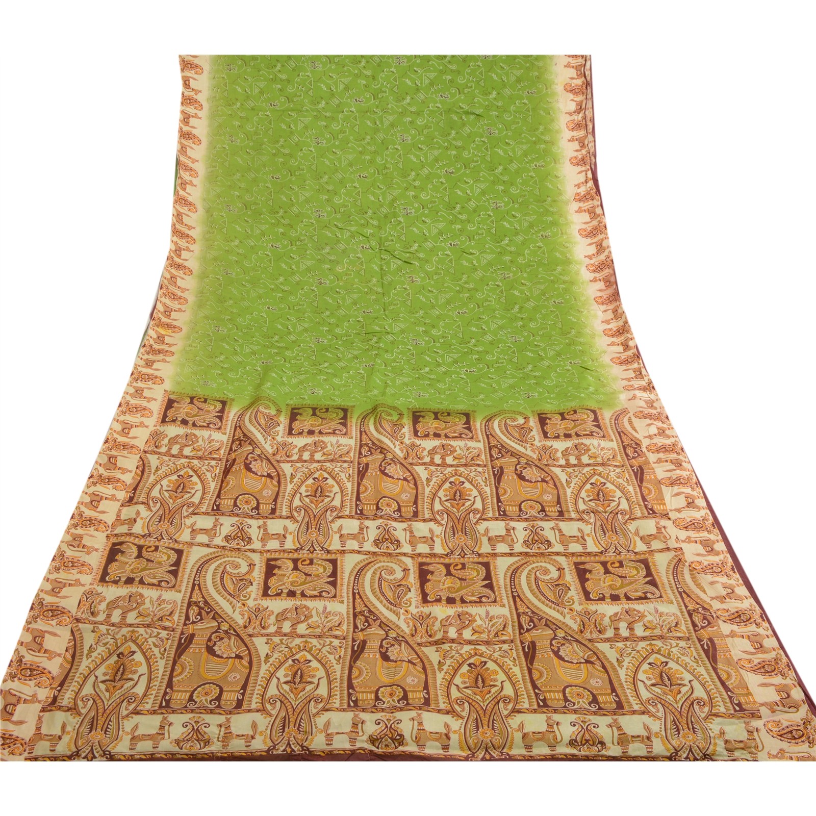 Sanskriti Vintage Sarees Indian Green Printed Pure Silk Sari 5+Yd Craft Fabric