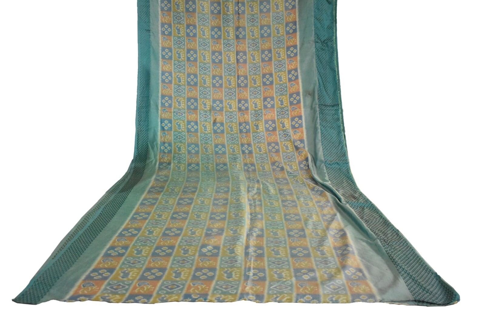 FNC Vintage Green Sambalpuri Ikat Sarees Handwoven Art Silk Sari Fabric Antique