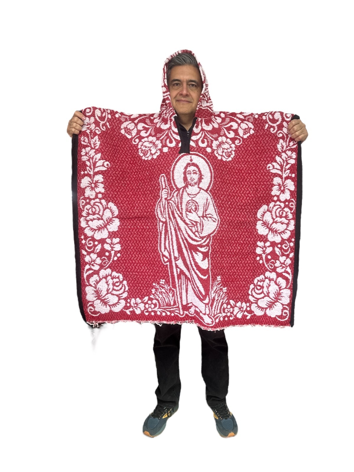 MEXICAN PONCHO WITH HOOD, SAN JUDAS , SAINT JUDE , BLANKET, ONE SIZE, RED