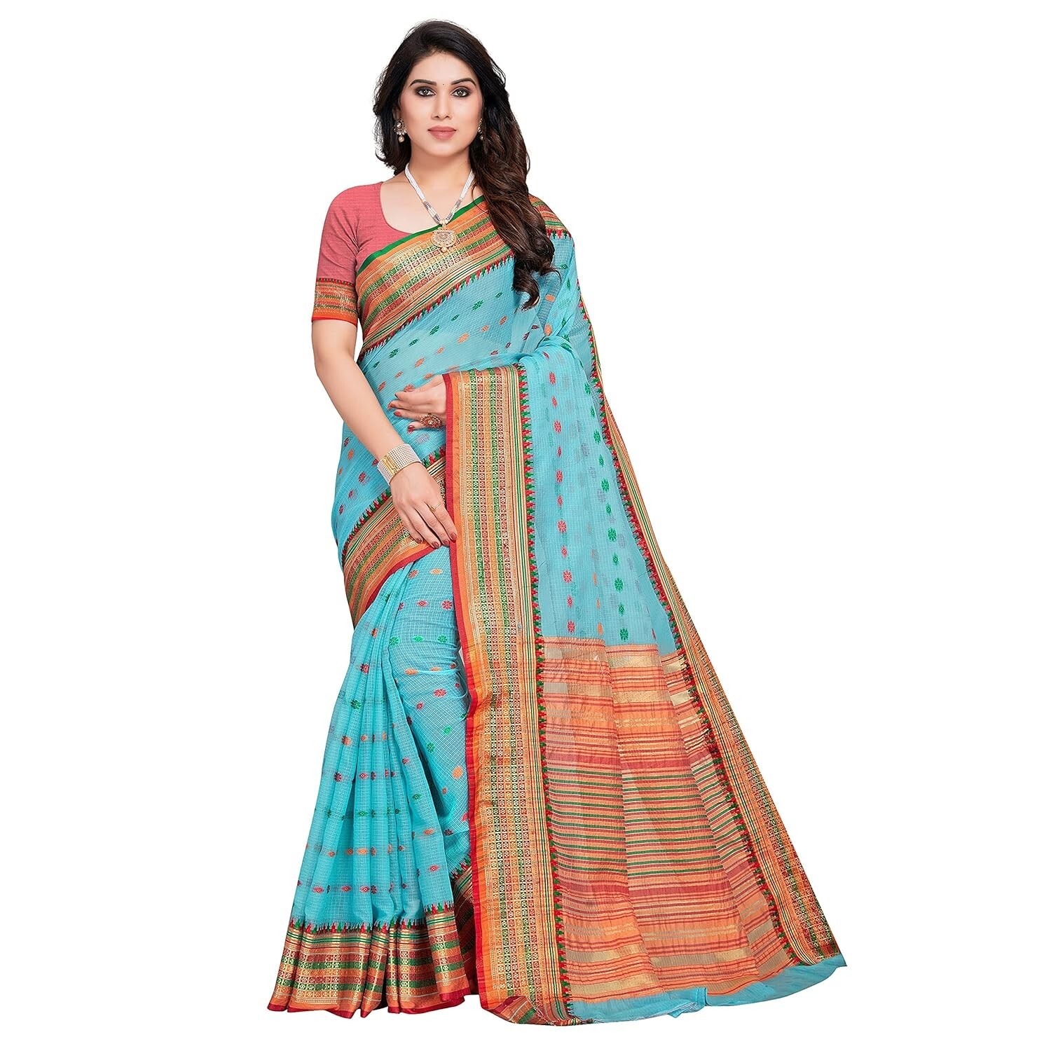 Women’s Kota Doria Cotton Manipuri Saree With Unstitched Blouse Piece