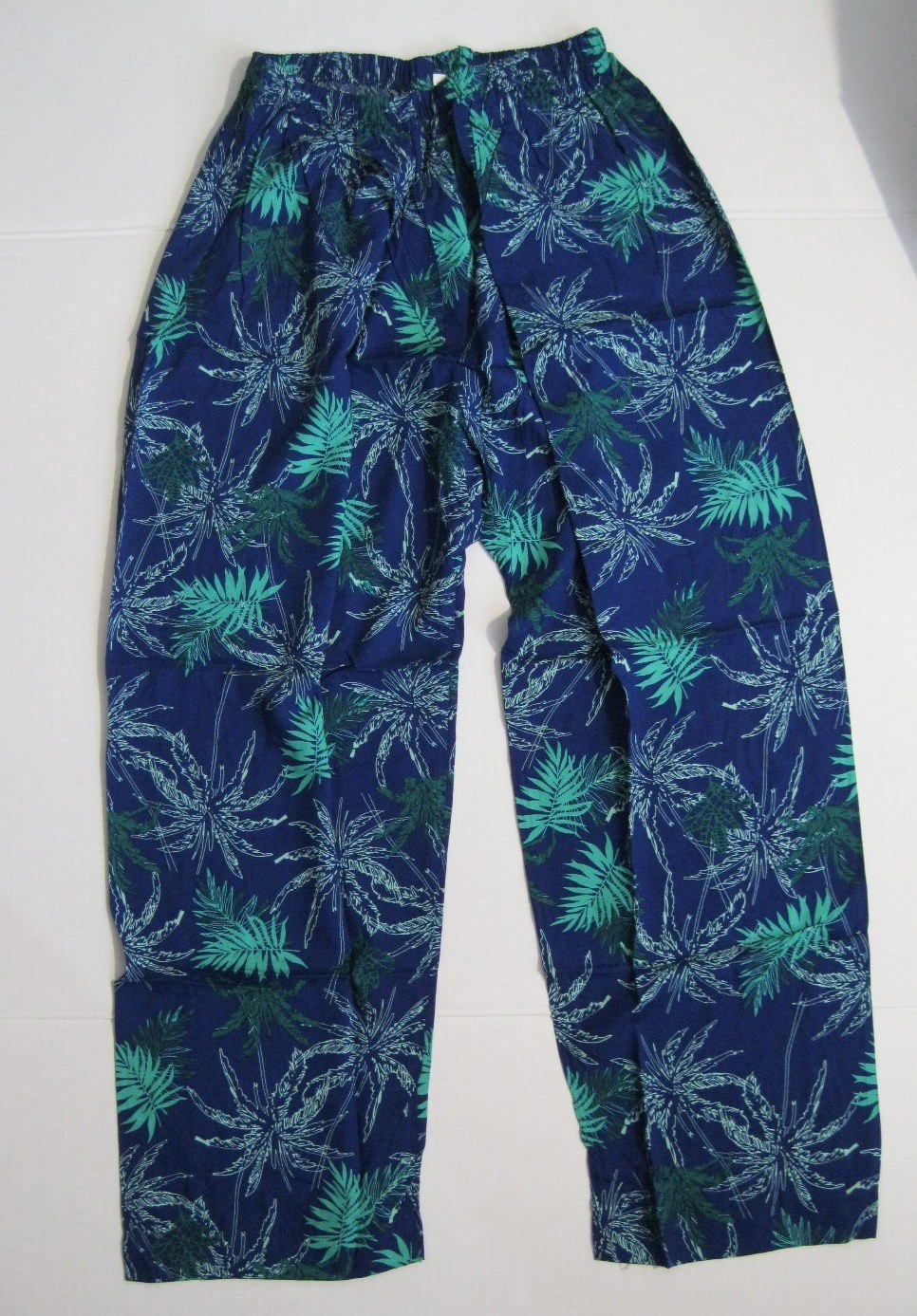 New 2 Pc Pakistani Print Lawn Kurti Trousers Suit Scalloped Trim Navy Palm XL
