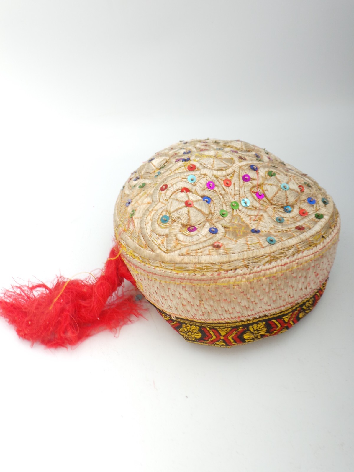 Antique Bride wedding Uzbek Bukharan Gold Gilded Hand Embroidery Cap Hat Ethnic