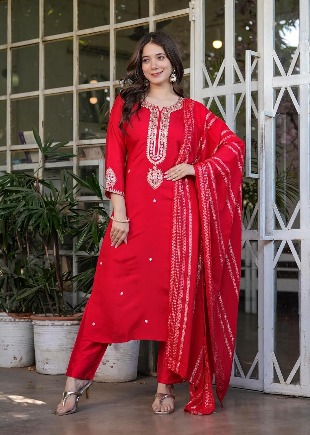 Women Embroidered Viscose Chanderi Fabric Straight Kurta, Pant and Dupatta Set