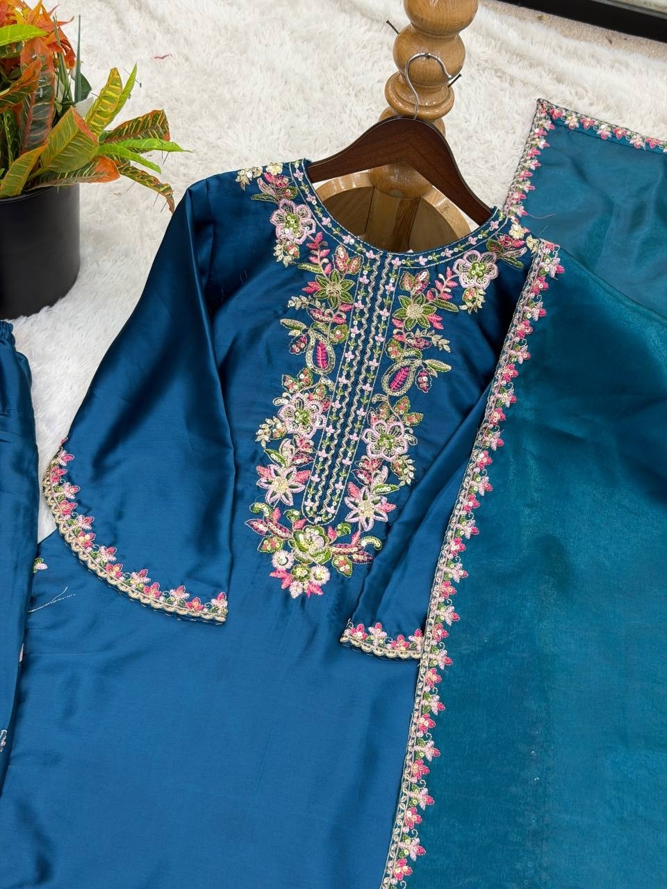Stunning Look French Crepe Teal Blue Top Bottom With Dupatta For Function Wear