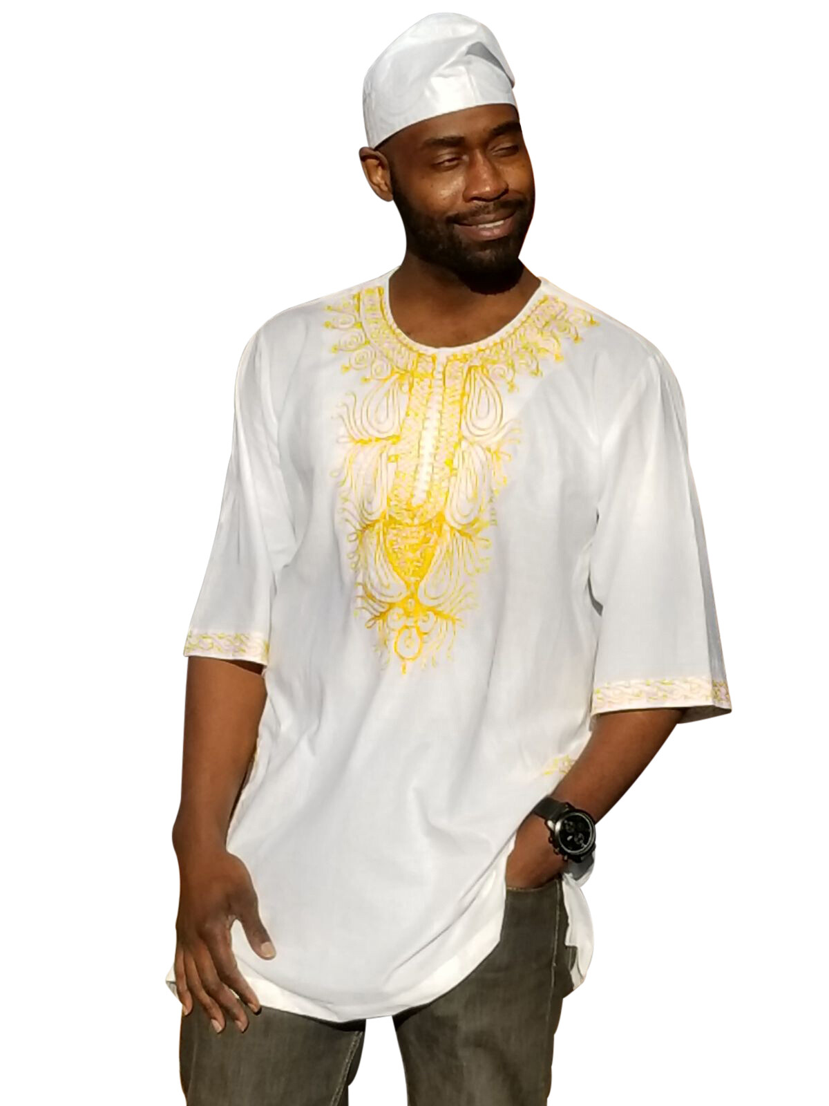 Off-White African Dashiki Shirt with Golden Orange Embroidery