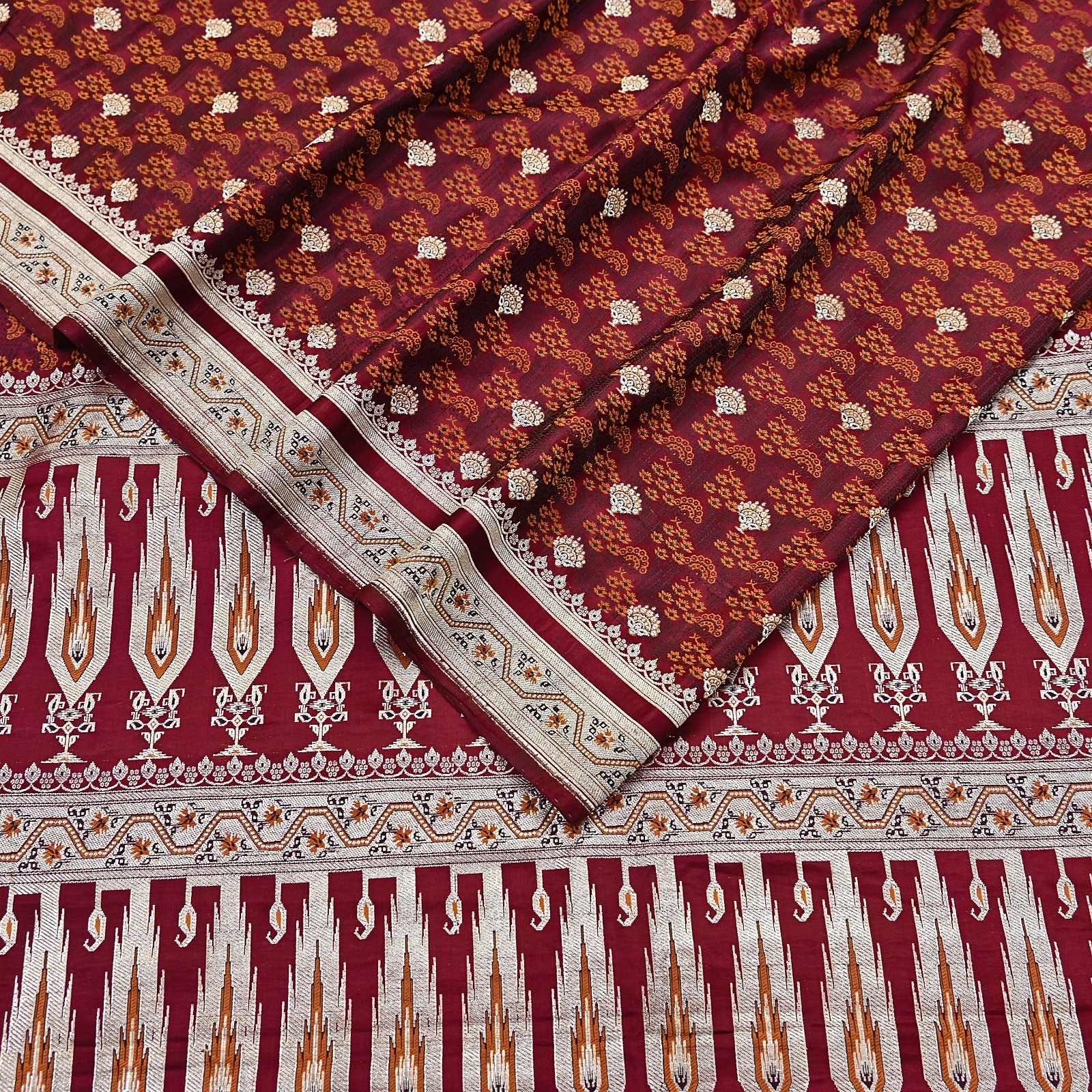 Indian Vintage Sari Maroon Heavy Wedding Pure Satin Silk Woven Banarasi Tanchoi