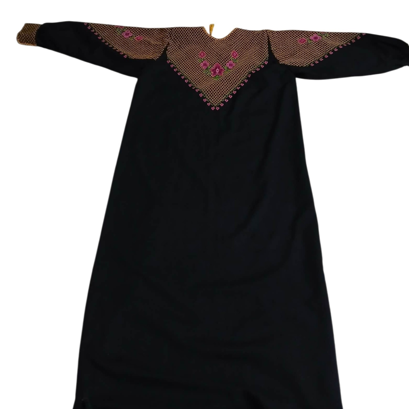 Antique Embroidered Black Thobe 35+ Yrs Gold Mesh Floral Traditional Dress