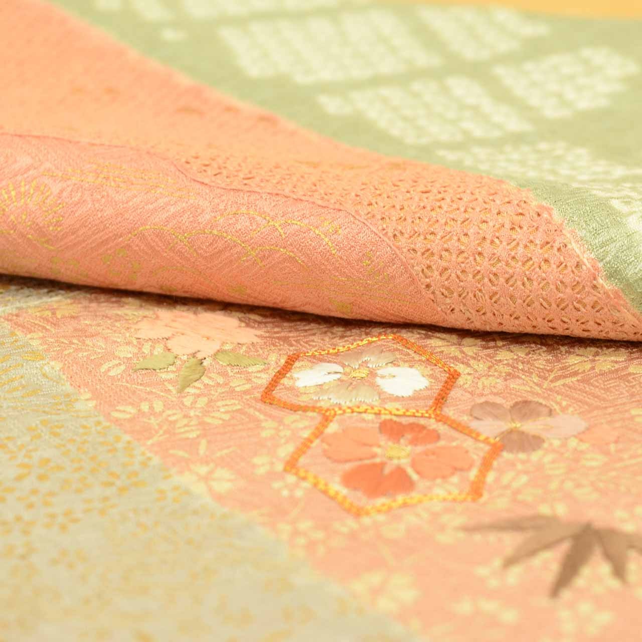 Vintage Japanese Kimono | Houmongi | Orange Silk | Pine Floral | uu2732b