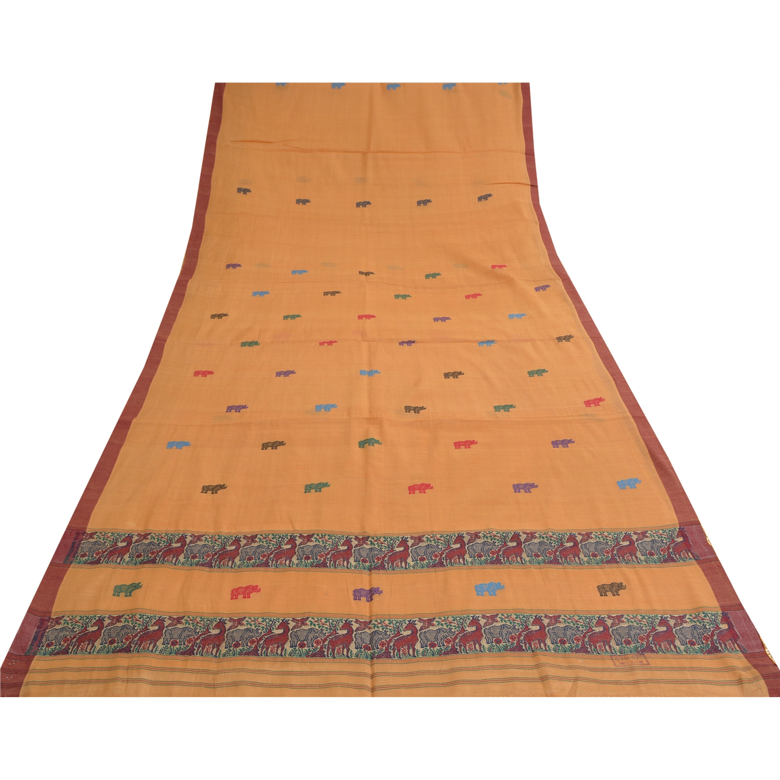 Sanskriti Vintage Peach Indian Sarees Pure Cotton Woven Animal Sari 5 Yd Fabric