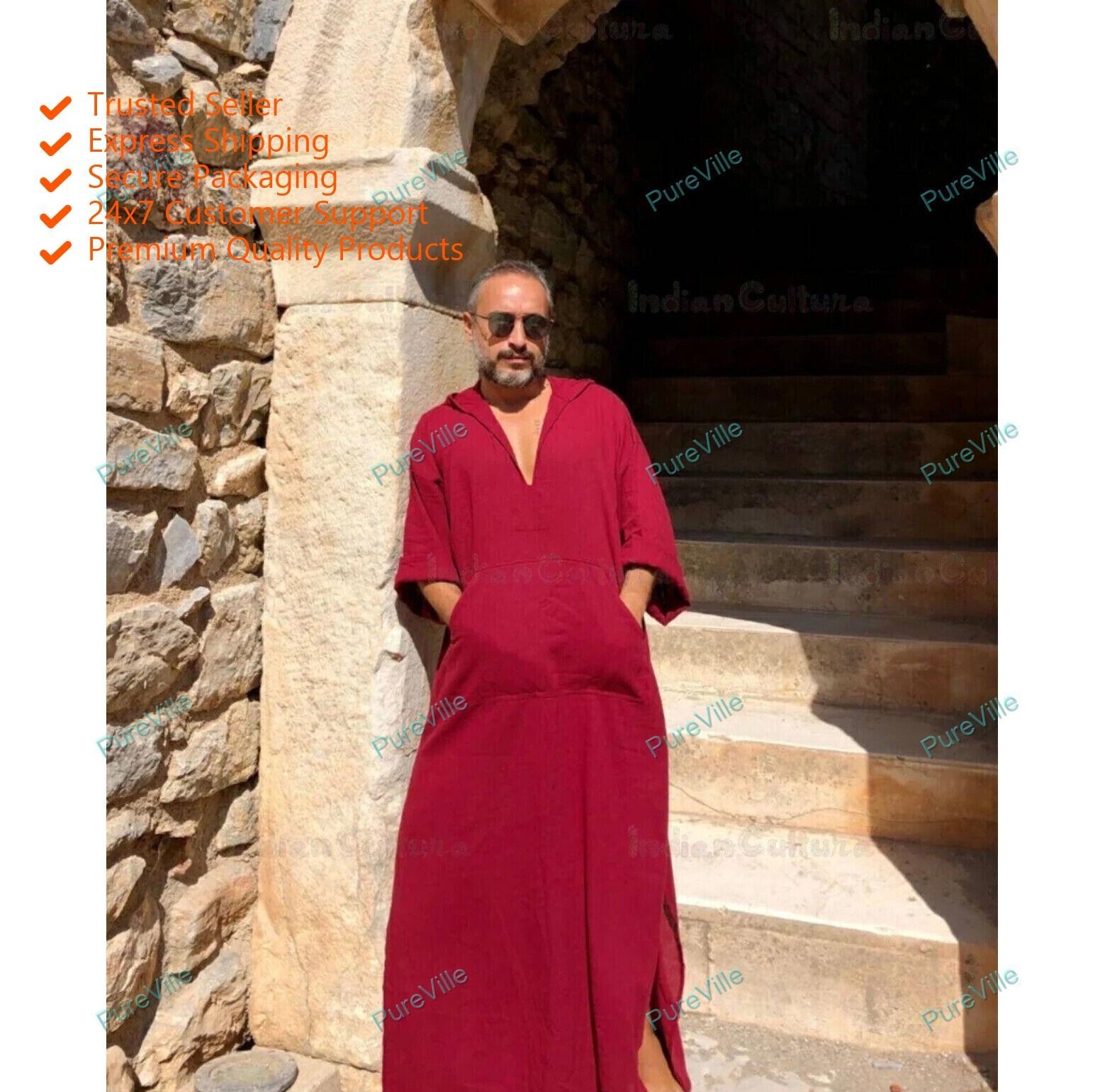 Mens Pathani Kurta Indian Traditional Wear Suit Solid Pattern Dark Red Kurta