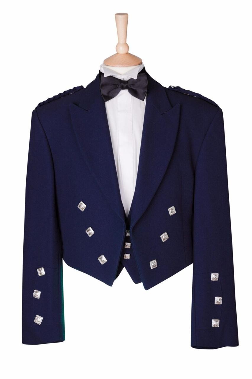 Men’s Scottish Navy Blue Charlie Kilt Jacket & 3 Button Vest Size 34 to 54