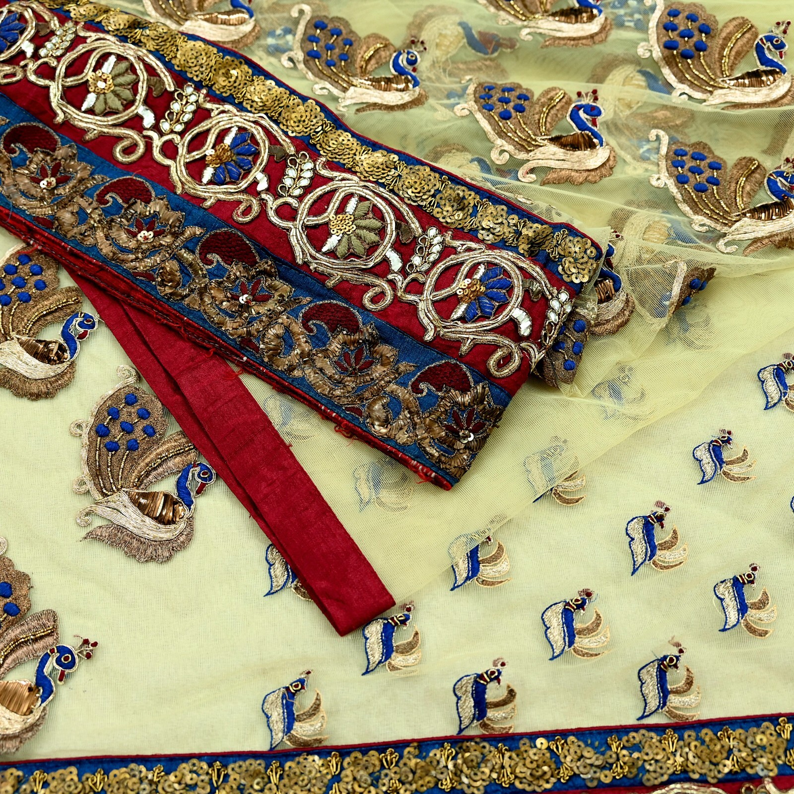 Indian Pre-owned Sari Ivory Net Hand Embroidered Anamika Khanna Designer Sarees
