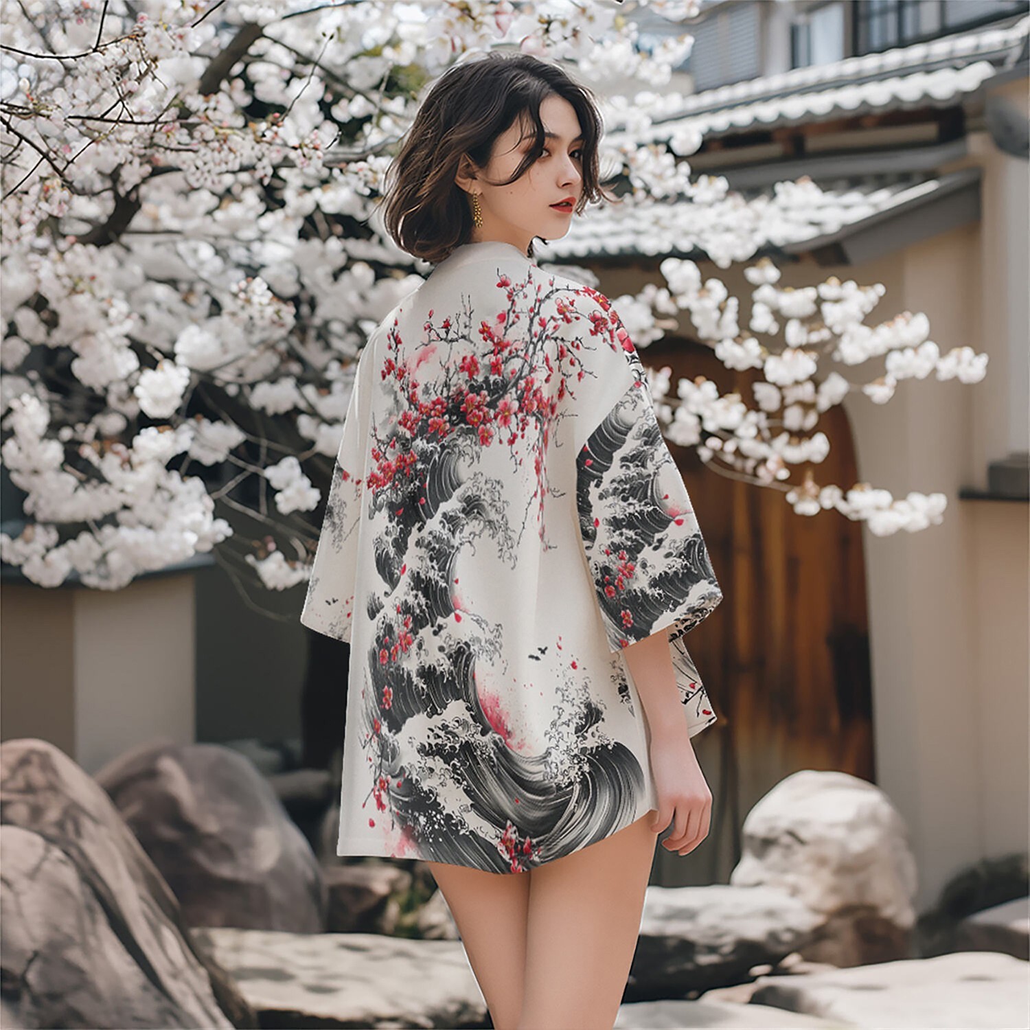 Niepce Men’s Japanese Graphic Lightweight Blossom Waves Kimono Cardigan Shirt