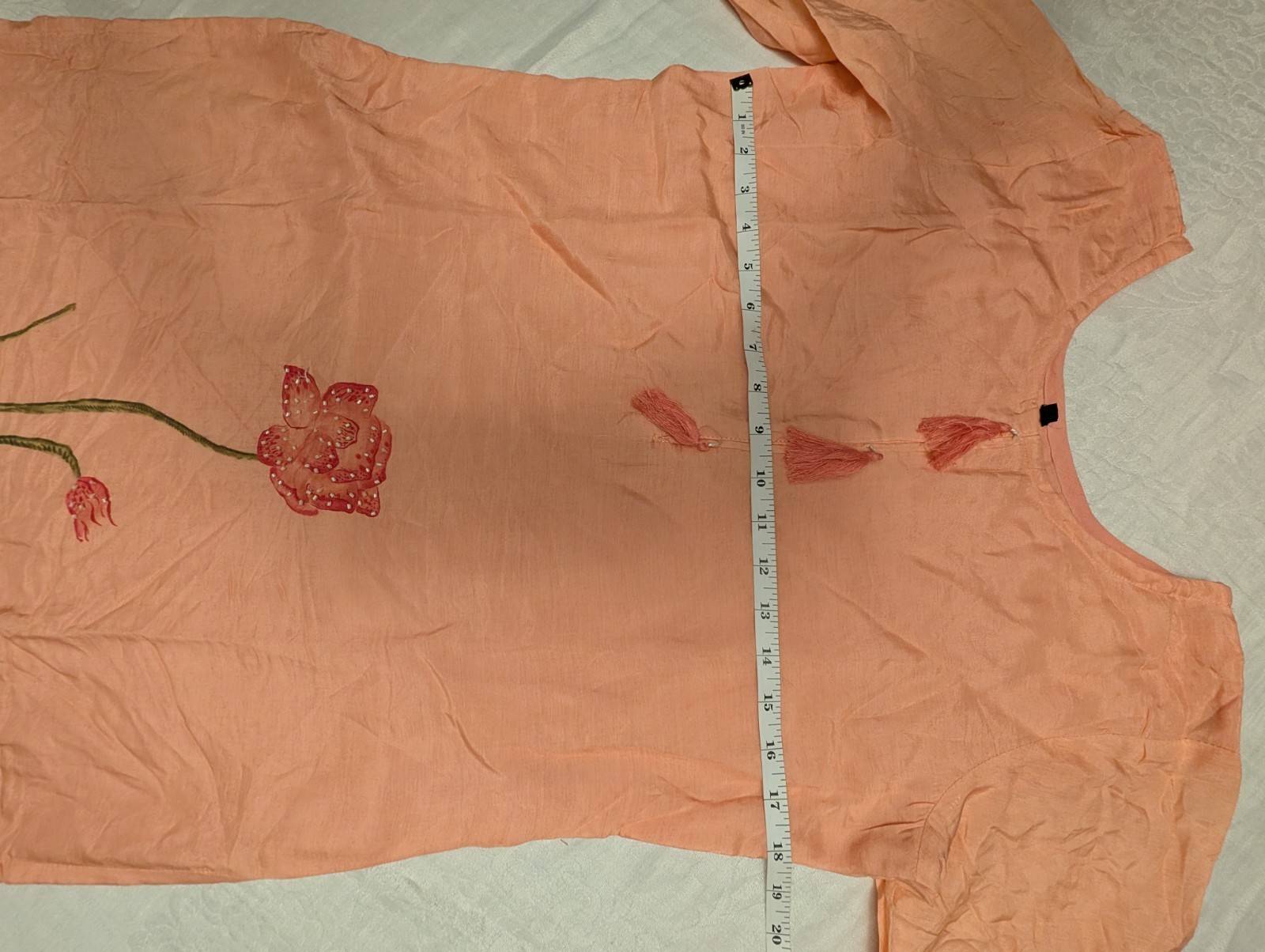 Hand-Painted Peach Kurta – Floral Lotus Design, Size M/40 (Unbranded Wearable…