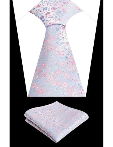 Mens 3.15inches Exquisite Floral Tie with Small B142-light Blue/ Hot Pink