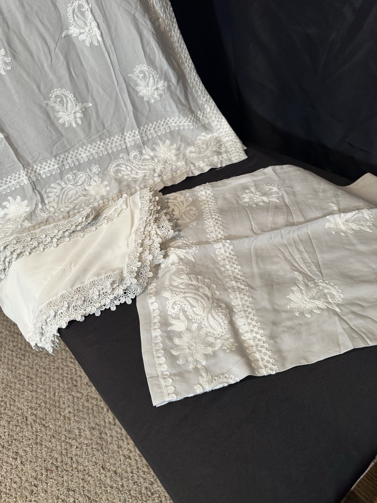 Beautiful soft linen Front & back emb-3 pc suit-emb plazo, laced dupatta-$40