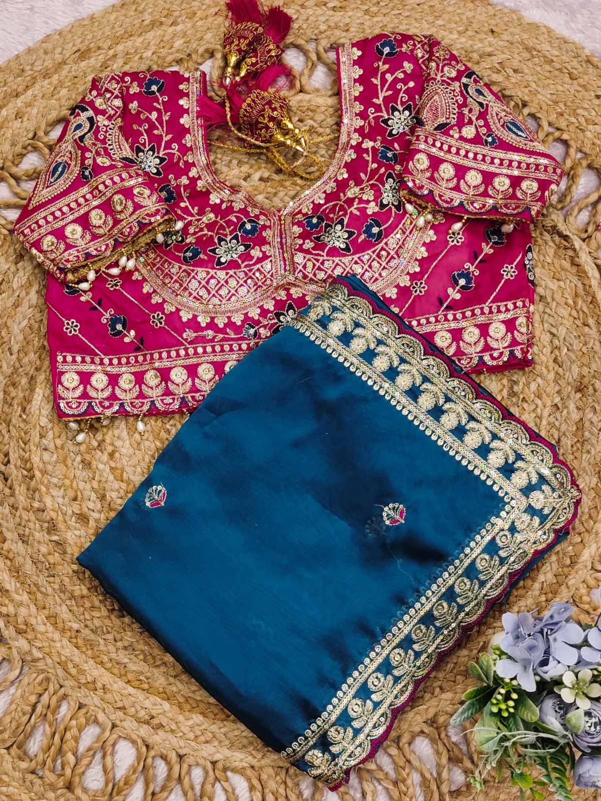 Soft Rangoli Silk Fabric With Sequance and dori Embroidery Work with Real Mirror